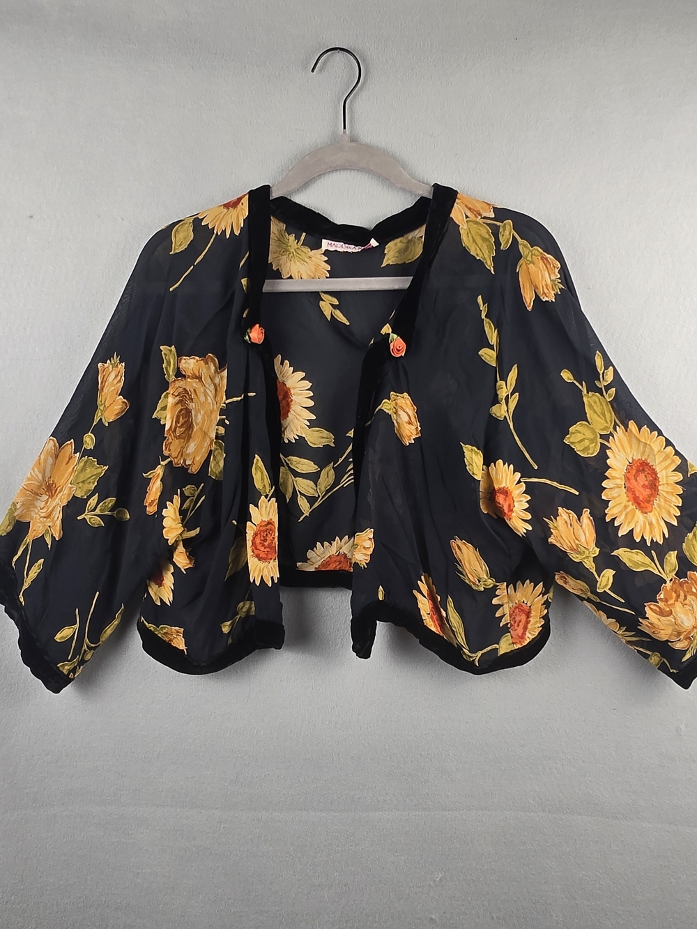 Marrika Nakk Sheer Sunflower Bolero Jacket Velvet Trim Boho